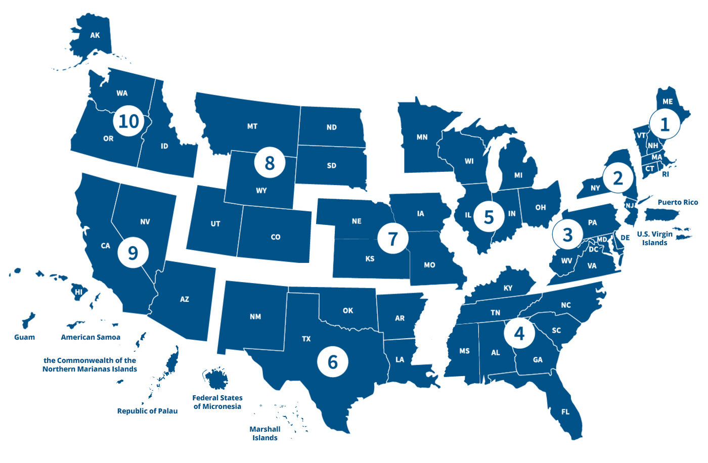 A map of the United States and its territories showing the 10 Regions
