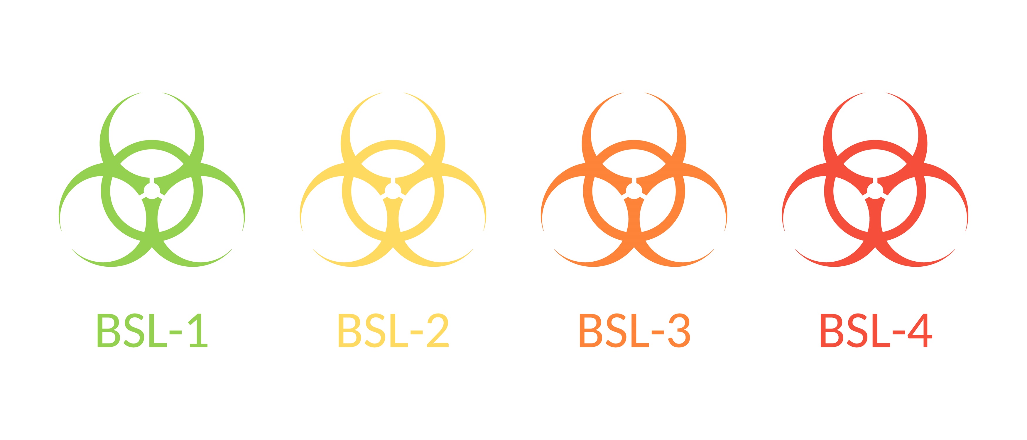 Four biohazard symbols arranged horizontally on a white background, progressing by biosafety level and color: green “BSL-1,” yellow “BSL-2,” orange “BSL-3,” and red “BSL-4.”